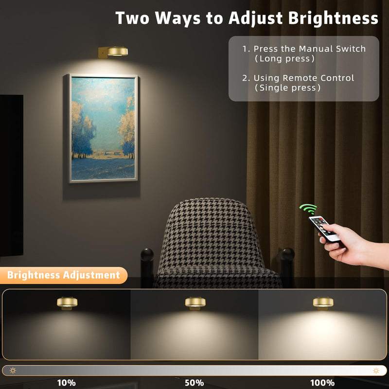 3PCS Picture Lights with Remote, Wireless Rechargeable Battery Wall Light for Paintings, 3 Colors Paintings Light Dimmable and Timer Metal Art Light for Display, Wall, Artwork, Gallery (Gold) Gold