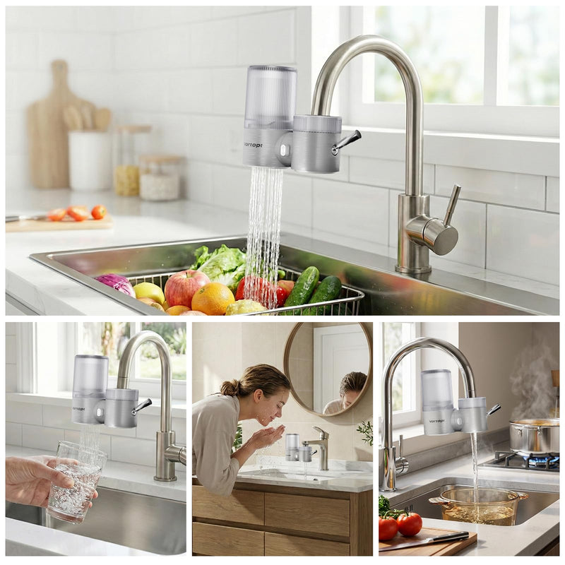 Vortopt T10 Faucet Water Filter, 360° Rotary Sink Purifier, Silvery