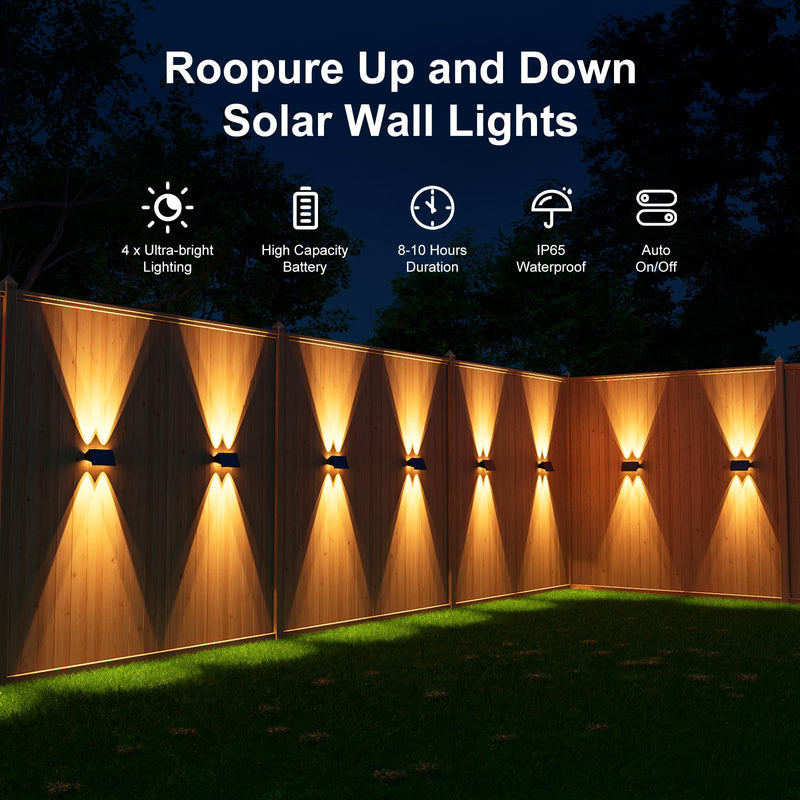 4 Pack Solar Powered Wall Lights for Outside Up and Down Fence Mount LED Outdoor Decorative Waterproof Lamps for Porch, Deck, Patio, Yard, Garden, 4 Lenses Designed for Accent Lighting (Warm White) 4 Pack Warm White