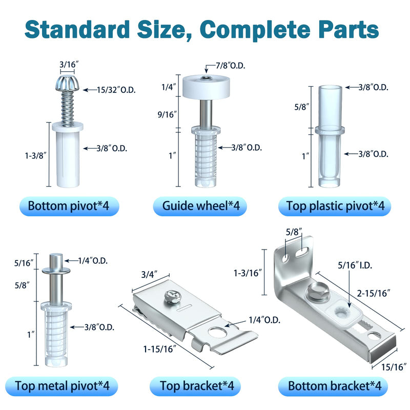 Bifold Door Hardware Repair Kit - 4 Packs Bi-fold Sliding Closet Doors Replacement Parts Include Top & Bottom Bracket, 3/8" Pivot, 7/8" Guides Wheel, for Folding Pocket Door Accordion 4 Pack Sliver