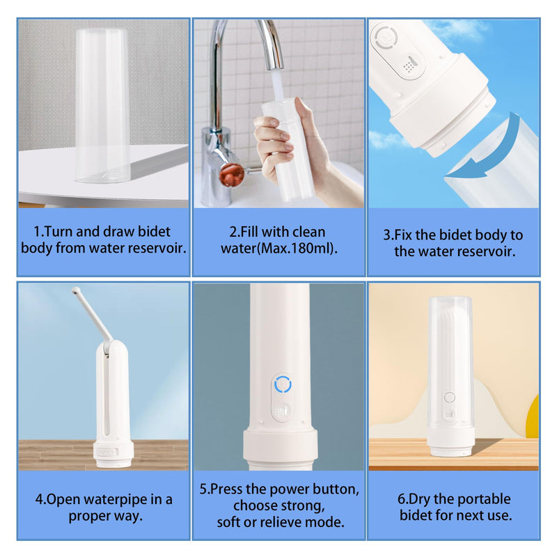 High Pressure Electric Bidet with USB-C Rechargeable Handheld Water Sprayer, Portable Travel Bidet for Men and Women, Personal Hygiene and Postpartum Care (White, 180ML) White