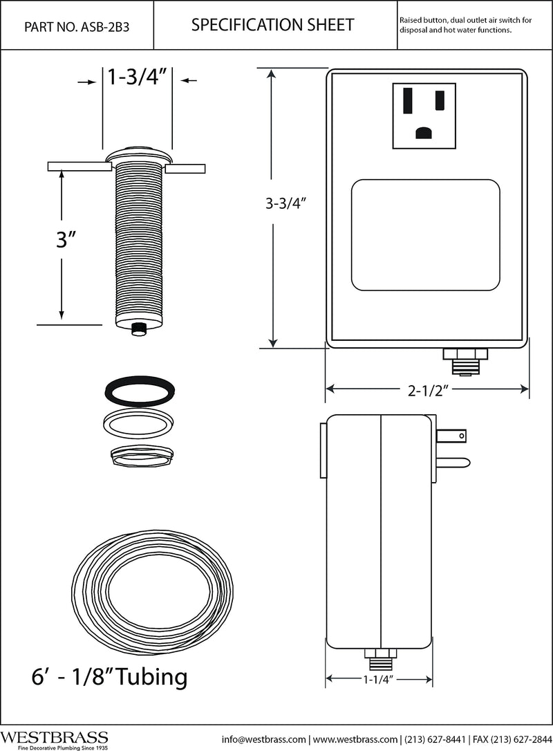 Westbrass ASB-12 Sink Top Waste Disposal Air Switch and Single Outlet Control Box, Flush Button, Oil Rubbed Bronze 1 Pack