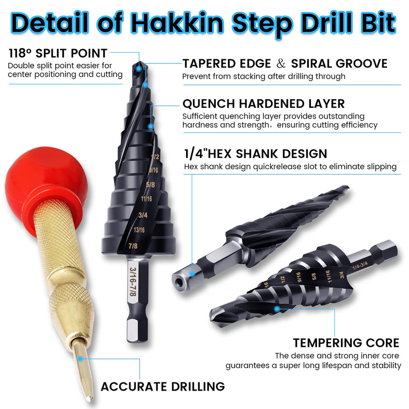 3PCS M35 Cobalt Step Drill Bit for Metal 1/8"-7/8" (34 Step), Three Spiral Flute Step Drill Bit Set & Automatic Center Punch, 1/4" Hex Shank Industrial Grade HSS Unibit Drill Bit for Wood 34 Step Size(1/8"-7/8")