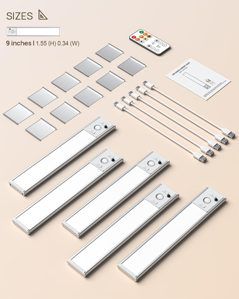Under Cabinet Lights with Remote Control, USB Rechargeable Battery 180 Lumen Motion Sensor Indoor Light,5 Pack Wireless Under Counter Light,3 Color Dimmable Closet Lighting for Kitchen,Stairs,Wardrobe White 5 Pack