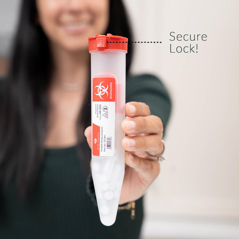 Single Use Travel Sharps Container for Needles, Syringes - Portable Small Sharps Container with New & Improved Locking Lid - Puncture Resistant Needle Disposal Containers (6-Pack, 6) 6-PACK