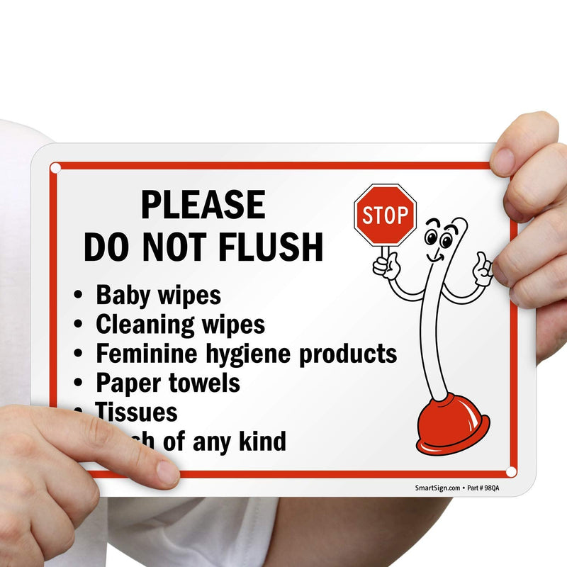 SmartSign 7" x 10" 'Please Do Not Flush Wipes/Feminine Hygiene Products/Paper Towels/Tissues/Trash' Bathroom Sign with Funny STOP Symbol, 55 mil HDPE Plastic, Red/Black/White, USA-Made 7" x 10" - Plastic