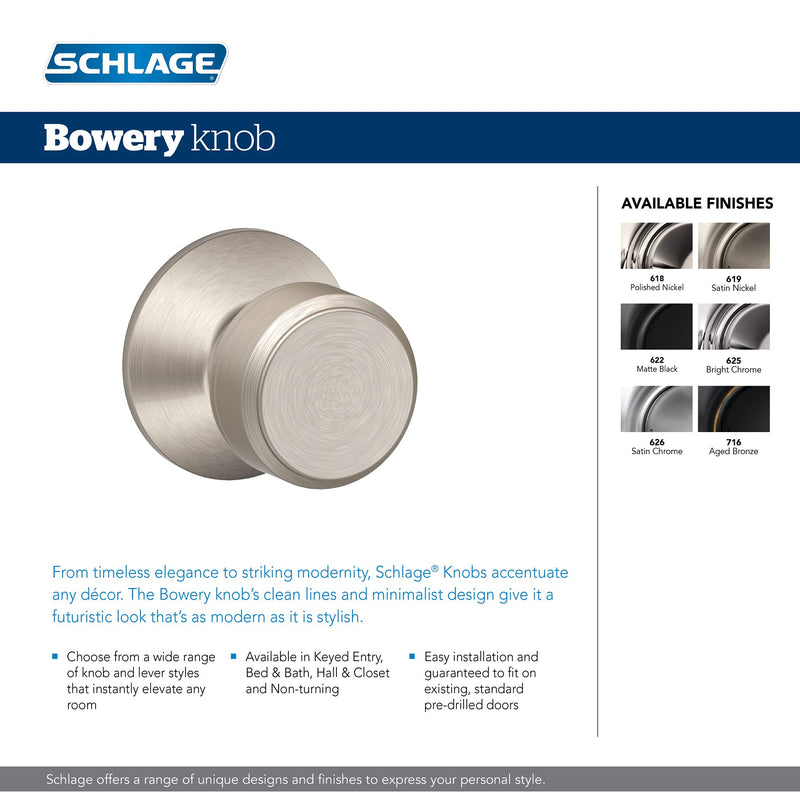 Schlage F10 BWE 622 Bowery Door Knob, Hall & Closet Passage Lock, Matte Black Standard