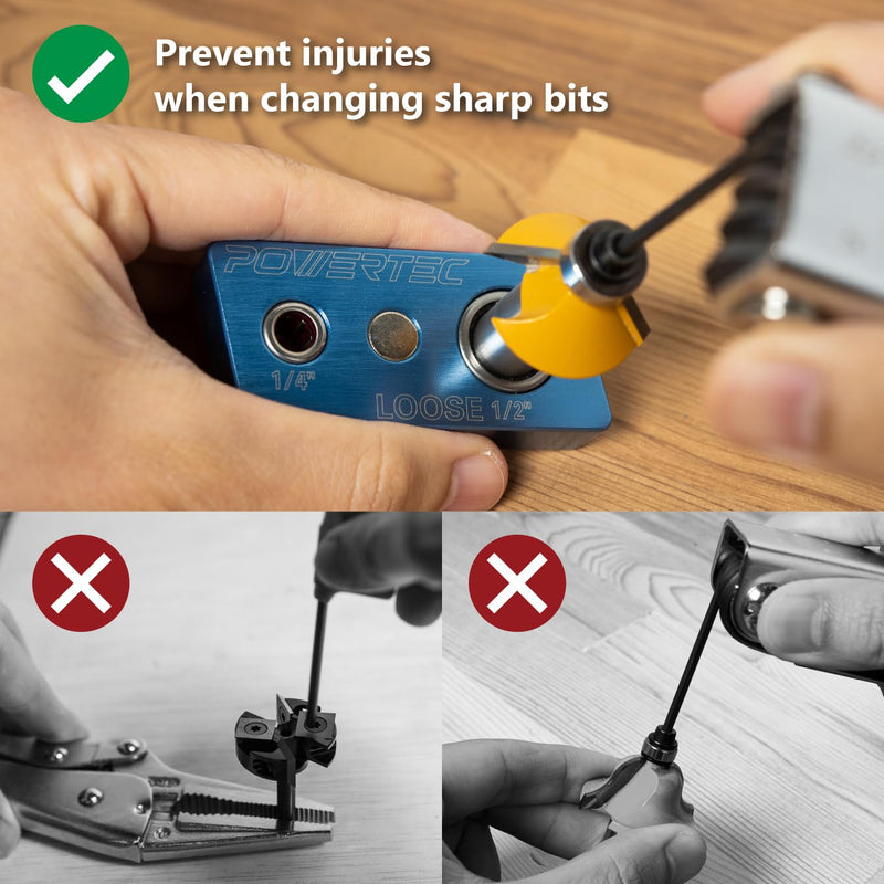 POWERTEC Router Bit Vise Magnetic, Router Bit Holder, 1/4" & 1/2" Shank with One-Way Bearing, Router Bit Vice Storage, Multi Functional, Cleaning & Sharpening, Portable Durable Lightweight - 71974