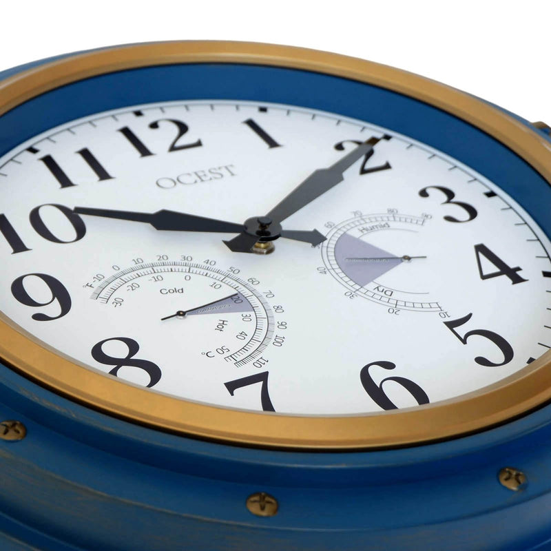 OCEST 16 Inch Indoor Outdoor Clock, Waterproof Wall Clock with Thermometer Hygrometer, Silent Non-Ticking Battery Operated Decor for Home Decor, Patio(Blue) Navy Blue