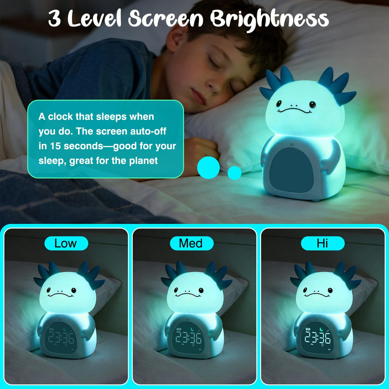 Axolotl Alarm Clock for Kids, Rechargeable Ok to Wake Clock with Night Light - BPA-Free Silicone Sleep Training Clock, Cute Toddler Wake Up Clock for Boys Girls Bedroom Blue Axolotl
