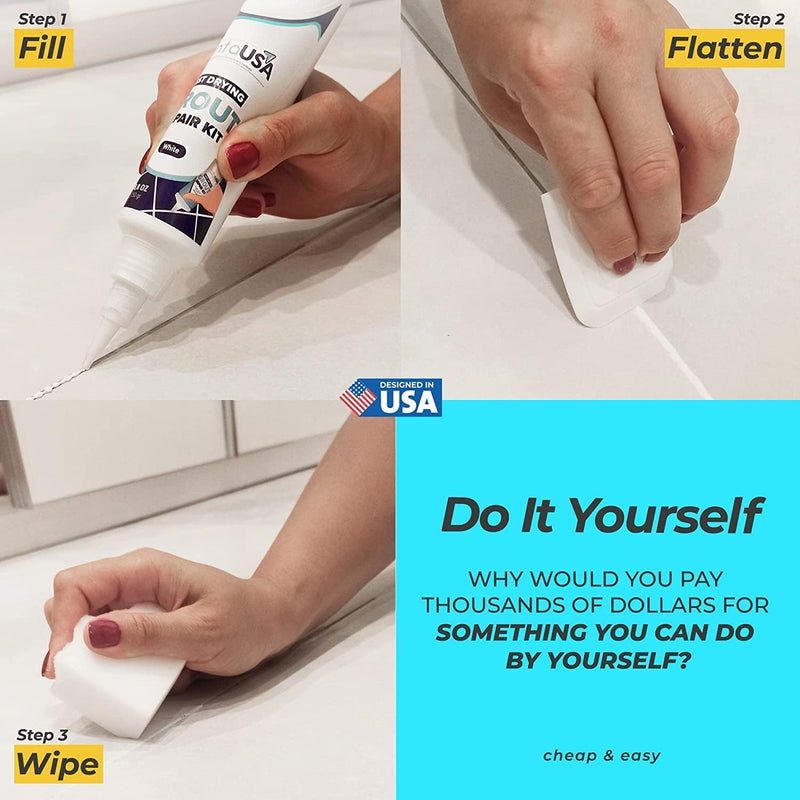 PentaUSA Tile Grout - Large Grout Filler Repairs Renews Tube, Fast Drying Grout Repair Kit, Odorless Formula - Grout Floater Included - 13.4oz / 380gr (White) White
