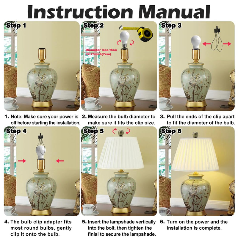 2Pcs Lamp Shade Light Bulb Clip Adapter Kit, Bronze Lampshade Holder Adapter with Round Top Finial, No Harp Required, Clip on Bulb, DIY Replacement Repair Table & Floor Light Metal Parts Metal Ball Finial