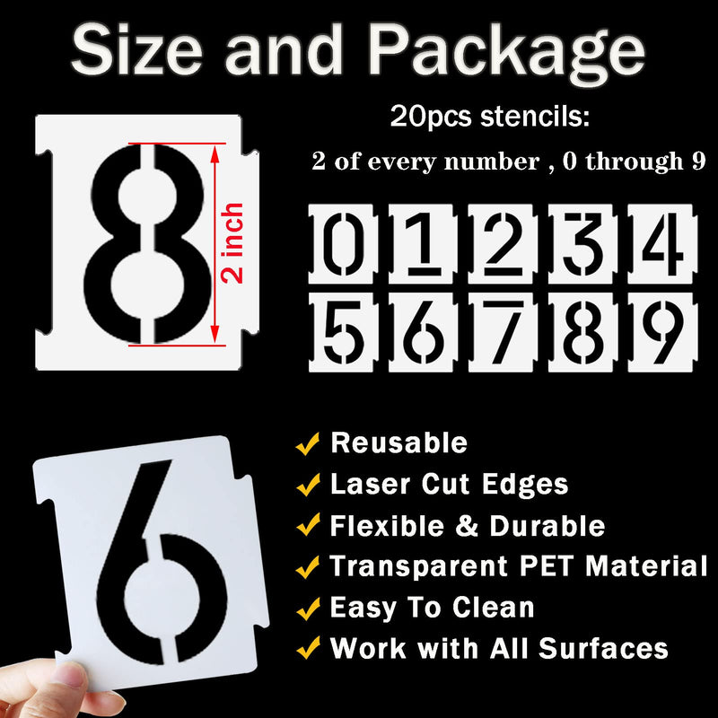 YEAJON 2 Inch Curb Stencil Kit 0-9 Address Number Stencil, 20Pcs Reusable 14 Mil Mylar Plastic Numbers Stencils for Painting on Road, Wall, Wood, Mailbox