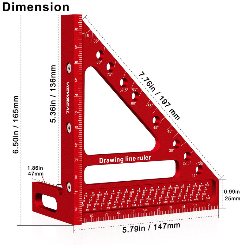 Large Carpenter Square 6.5''x5.79''Protractor Ruler with 3D Multi-Angle Measuring and Scribing Features with Anti-Lost Pin for Accurate Woodworking & Construction Red