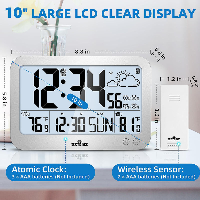 Atomic Clock, 10" Digital Clock Large Display, Wall Clocks Battery Operated with Backlight, Wireless Outdoor Sensor, Alarm Clock Indoor Outdoor Temp, 4 Time Zones, Auto DST, Clock for Bedroom (Sliver) Sliver
