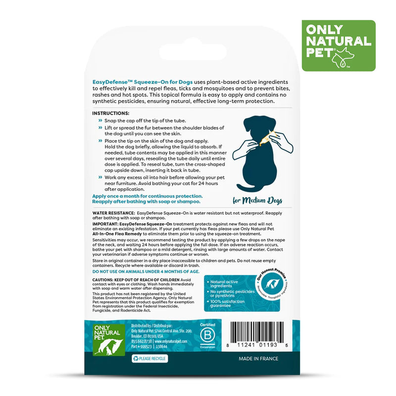 Only Natural Pet EasyDefense Flea & Tick Prevention for Medium Breed Dogs (15 to 40 lbs) - Natural Herbal Control, Squeeze-On Drops - Protects up to 3 Months (M Sqz)