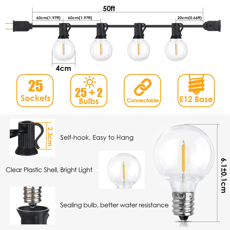 Mlambert 50Ft LED Outdoor String Lights G40 Globe Dimmable Patio Light, Waterproof Hanging String Light with 27 Warm White Shatterproof Bulbs(2 Spare) Black 1
