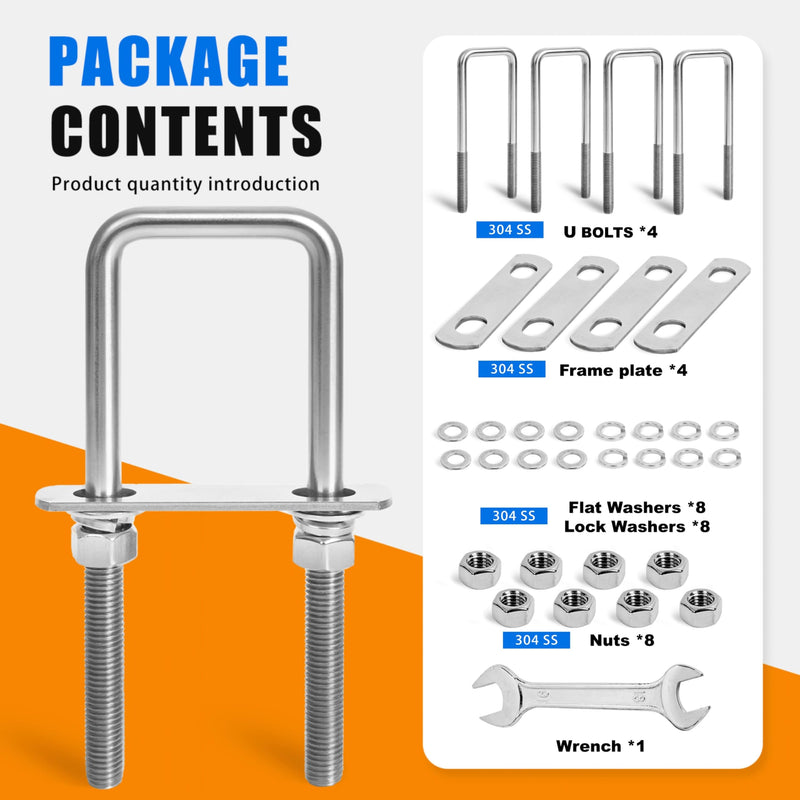 4 Sets Heavy Duty Square u Bolts M12 Thread Size,304 Stainless Steel u-Bolts 2-1/16" W x 6-1/2" L,with Nuts,Bolt Plate and washers (4, M12 x 2-1/16" W x 6-1/2" L) 4
