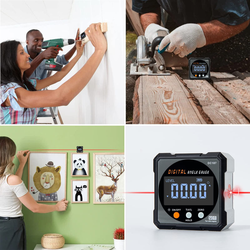 Digital Angle Finder with Electronic Laser - 4-side Strong Magnetic Angle Gauge, Cube Inclinometer with Backlight, Table Saw Miter Protractor, Woodworking Measuring Tool, Level Box for Hanging Grey