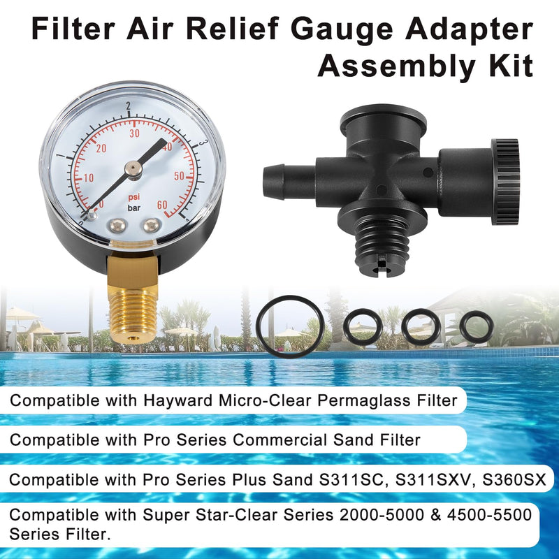 DEX2400S Filter Air Relief Gauge Adapter Assembly + ECX270861 Pressure Gauge + DEX2400Z3A O-Ring Set for Filter Relief Valve Stem for Hayward Pool Filters