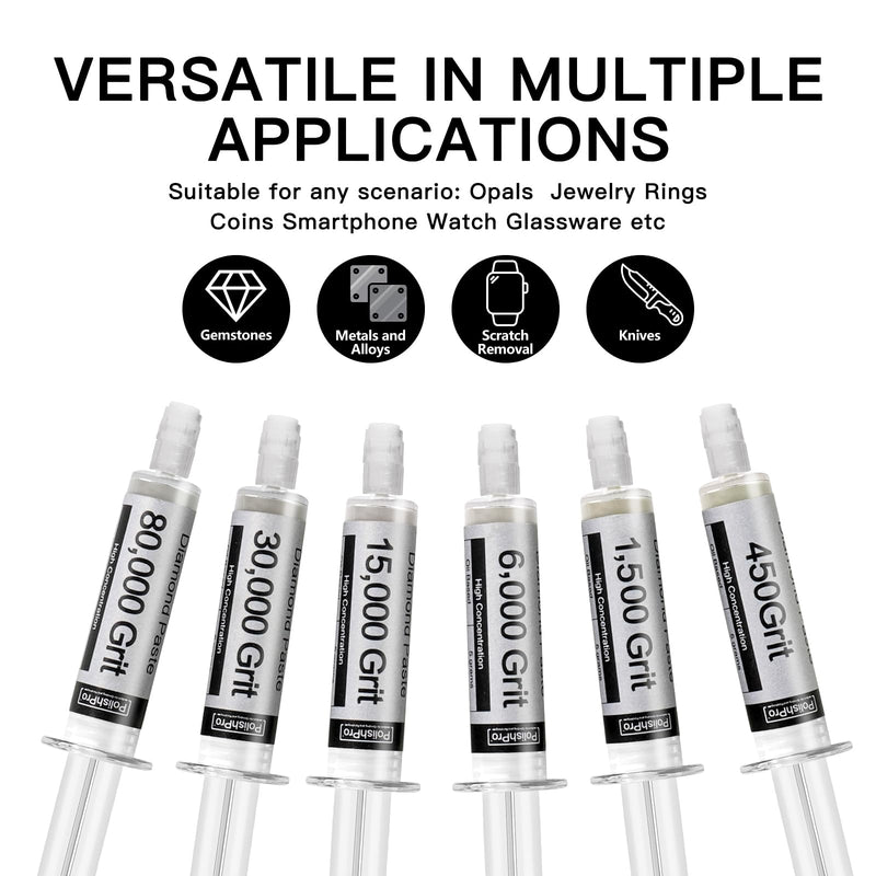 Diamond Polishing Compound Kit of 6 Polishing Paste 80,000 to 450 Grit for Glass Watch Marble Metal Resin Rock Jewelry with High Concentration of Diamond Powder Scratch Remover Repair