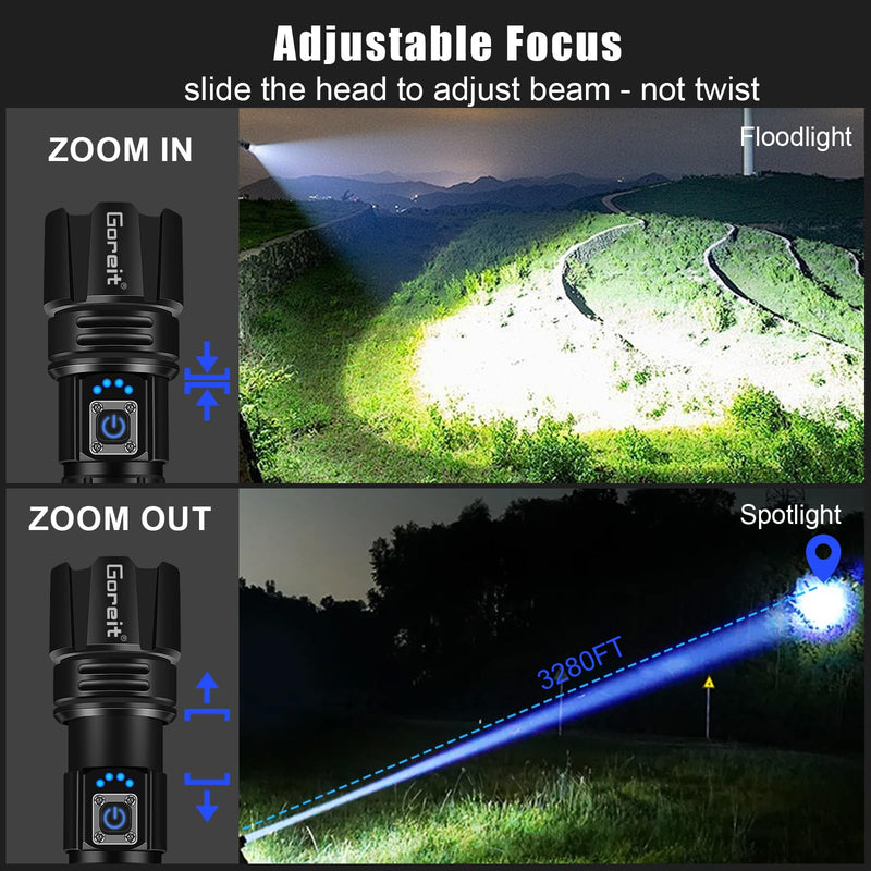 Goreit Super Bright LED Flashlight - 30W Output for 50000 Lumens & 3937ft Beam, USB-C Rechargeable with 12H Runtime, IP67 Waterproof Powerful Handheld Linternas for Home, Camping, Hiking, Emergency Black