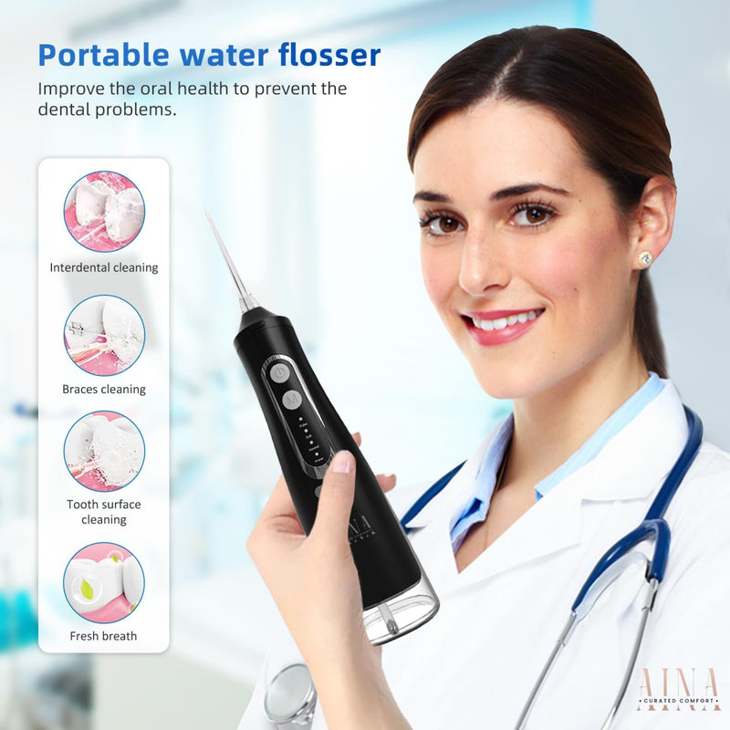 AINA All-in-1 Water Flosser Cordless & Electric Toothbrush - Braces Flossers with 6 Jet Tips, 310ml Large Tank | 4 Modes Rechargeable Electric Water Flosser - IPX7 Waterproof Portable Oral Irrigator Dental Flosser