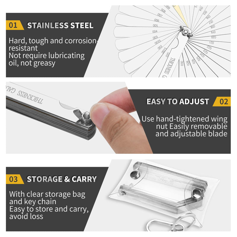 Stainless Steel Feeler Gauge Set, 2PCS 32 Blades Feeler Gauge & 16 Blades Offset Thickness Gauge with Standard SAE and Metric Dual-Marked, Filler Gauge Set for Measuring Spark Plug Valve Gap