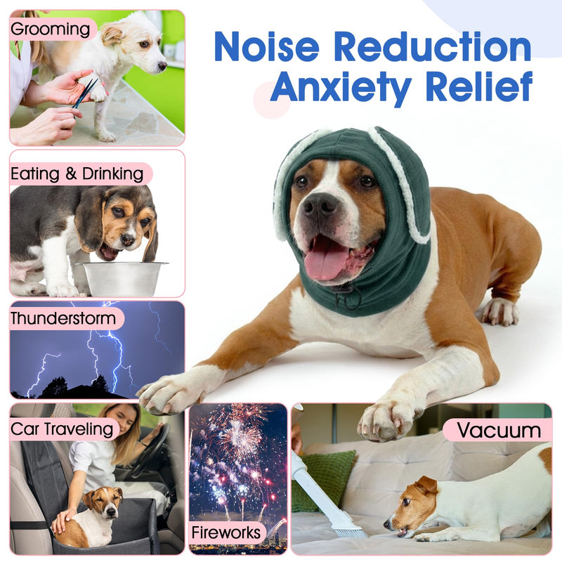 Dog Ear Muffs Noise Protection - Adjustable No Shake Ear Wraps, Warm Dog Calming Hoodie with Sound-Absorbing Pads, Anxiety Relief, Dog Ear Covers for Firework, Grooming, Travel (Green, M) Green Medium