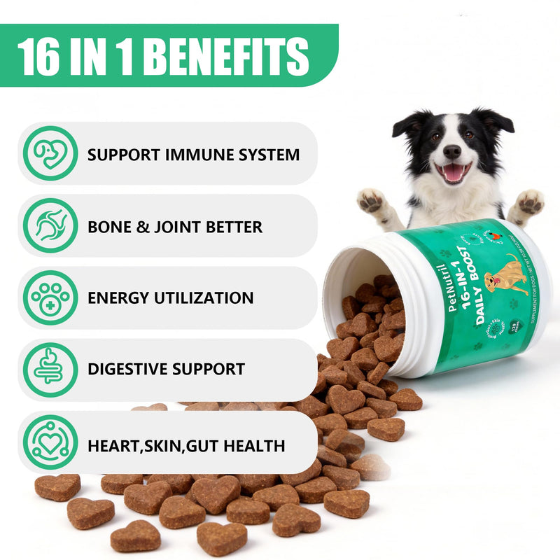 Dog Vitamins and Supplements, 16 in 1 Multivitamins Essential Dog Vitamin Minerals Chewable with Omega-3 Fish Oil Glucosamine Probiotics for Pet Hip Joint Coat Skin Digestion Health, 120 Chews