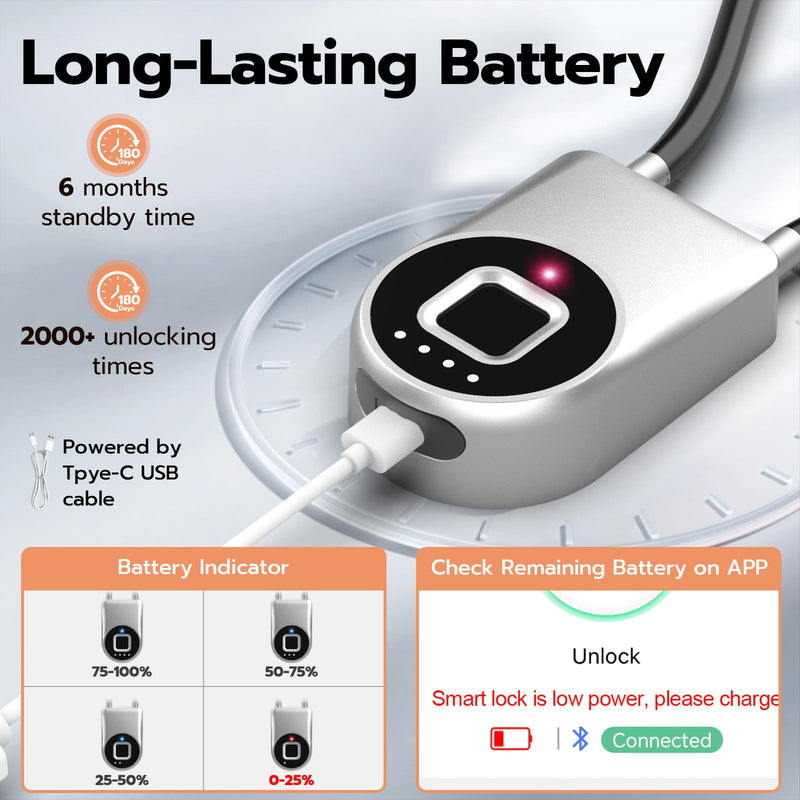 Fingerprint Cable Lock, eLinkSmart Fridge Locks with Bluetooth APP Control, Biometric Smart Padlock for Adults Baby Proof Cabinet Refrigerator French Door Cabinet Gate Locker Bike, 8.6'' Long Silver Silver-22cm