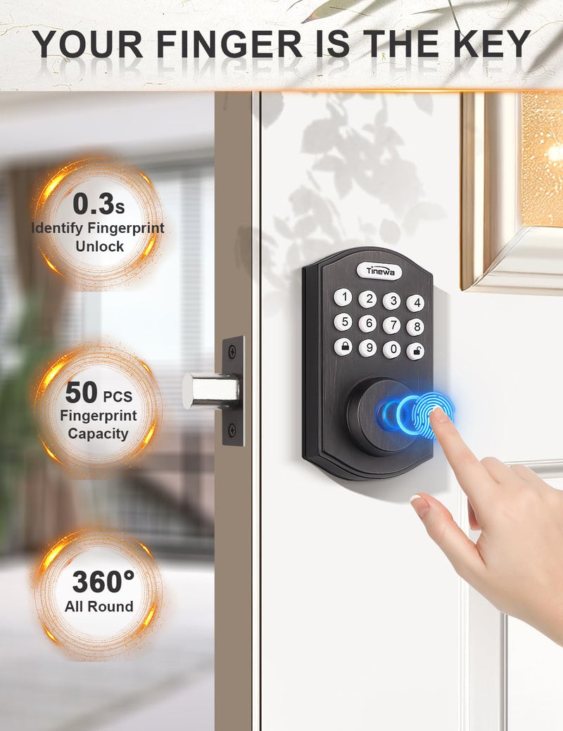 Tinewa Smart Locks for Front Door - Oil Rubbed Bronze Keyless Entry Door Lock with Flat Ball Door Knobs, Electronic Digital Keypad Deadbolt with Fingerprint, APP Control, Easy Installation Oil Rubbed Bronze-Flat Ball Door Knob