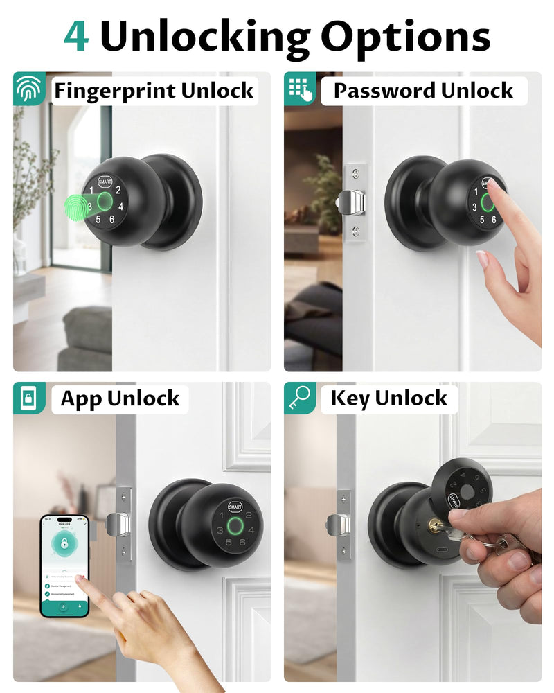 Smart Door Knob Fingerprint Door Lock with Keypad, Biometric Door Knob with APP, Keyless Entry Door Lock with Handle for Home Office Apartment Hotel Garage (Black)