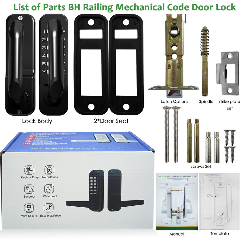 High-Security 12 Digit Keypad Mechanical Door Lock - Keyless Entry, Mechanical Code Lock with Handle, Waterproof & Rustproof, No Battery, Easy to Install, BH-MDLS0020202 Matte Black