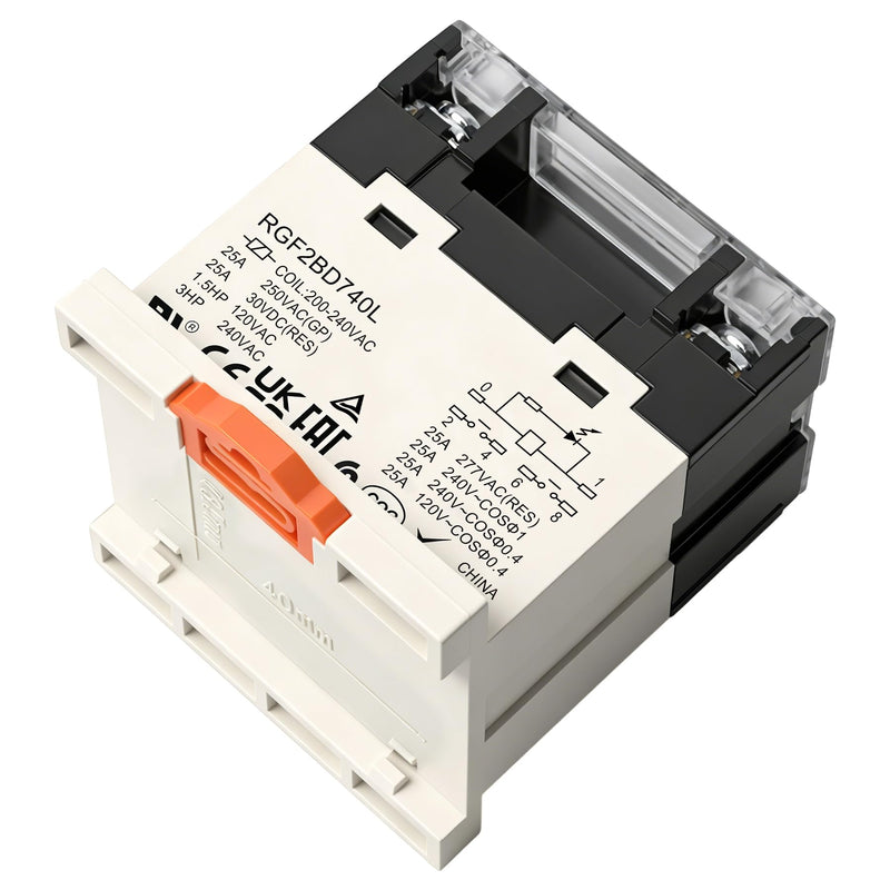 General Purpose Relay, RGF2BD740L, 25A 200-240VAC Coil Voltage, 6Pin Double Pole Single Throw Normally Open Contacts, with LED Indicator Light and Protection Cover, 35mm DIN Rail Mount 1 AC 220V