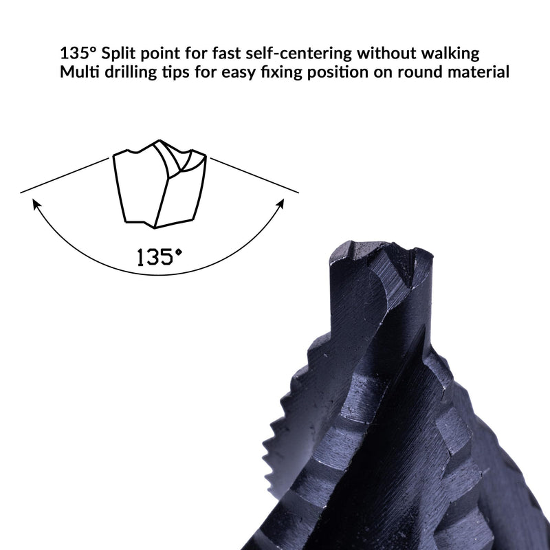 NordWolf HSS Cobalt Step Drill Bit, Four Spiral Flutes Impact Ready with 7/16" Hex Shank Unibit for Stainless Steel, Aluminum, Copper & Hard Metals, 19 SAE Step Sizes 3/16" to 1-3/8"