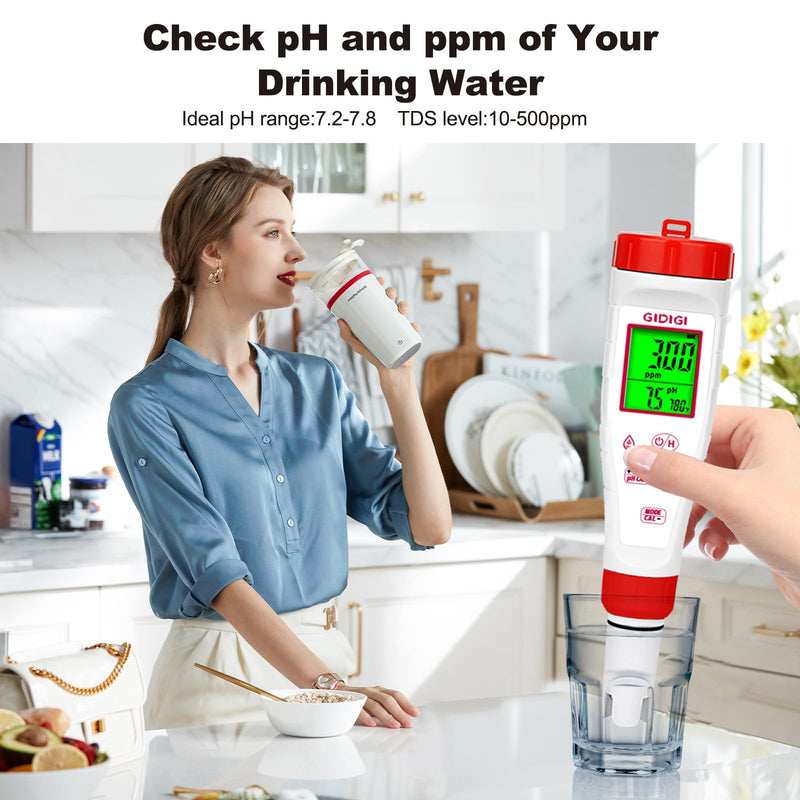 pH Tester,Digital pH Meter for Water,New Version TDS Meter for Drinking Water with Backlit Simultaneously Display 4 in 1 TDS pH EC Meter for Water Hydroponic Nutrient Solution,Pool,Home Use 4 in 1 pH Meter