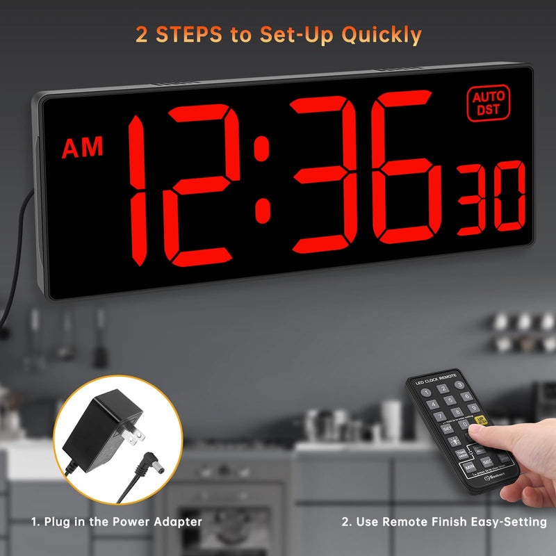 Soobest Digital Wall Clock with Seconds for Gym, Remote Countdown Timer Large LED Display 5 Dimmer Red