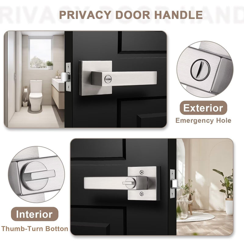 Satin Nickel Lever Door Handles, Privacy Door Handle with Lock, Interior Square Door Handle for Bathroom Bedroom 1 Satin Nickel