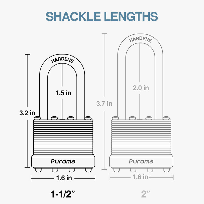 Puroma Lock 3 Pack Padlocks, 1-1/2” Long Shackle Heavy-Duty Locks with 6 Keys, 40mm Hardened Steel Keyed Alike Padlocks for Sheds, Gates, Fences, Toolbox, Outdoor and Indoor Use（Silver）
