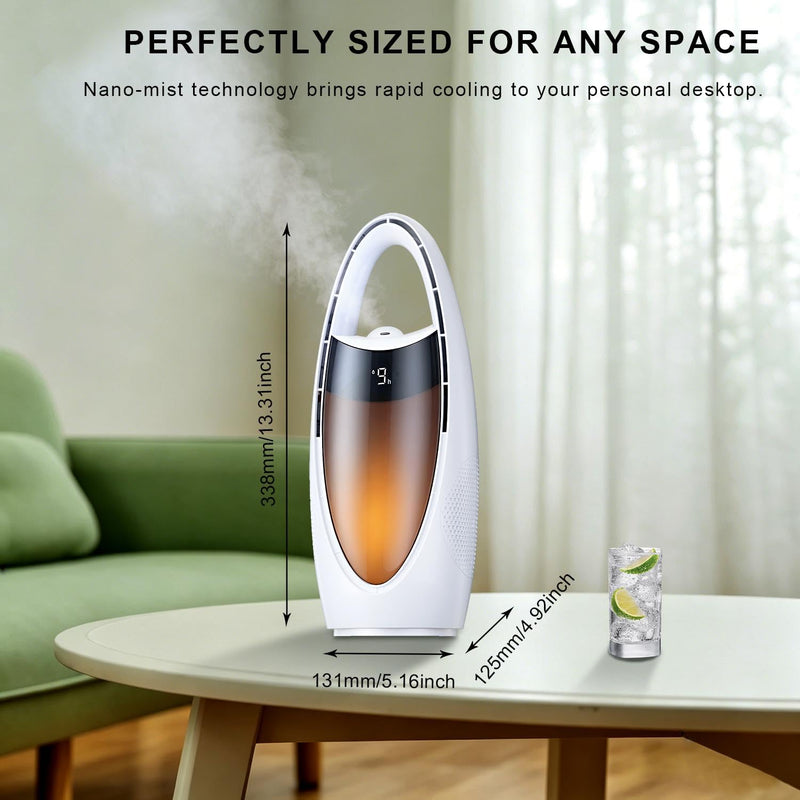 Bladeless Desk Fan, Misting Personal Cooling, Rechargeable, White