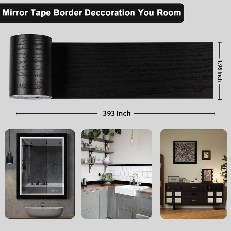 10M Black Wood Grain Mirror Frame Border Peel and Stick Wallpaper, Removable PVC Waterproof Bathroom Mirror Tape Sticker Trim, Kitchen Wallpaper Self Adhesive Decor Sticker 1.96" x 393" 1.96'' x 393''