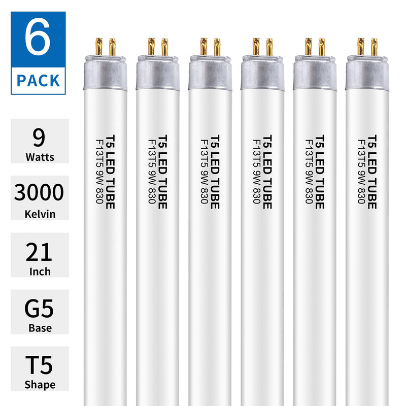 6 Pack 21 Inch F13T5/WW LED Replacement Bulbs, 3000K Warm White, T5 LED 9 Watts Replace Fluorescent Bulb with LED, Replacement Tube for Counter and Cabinet Fixture 6 Pack