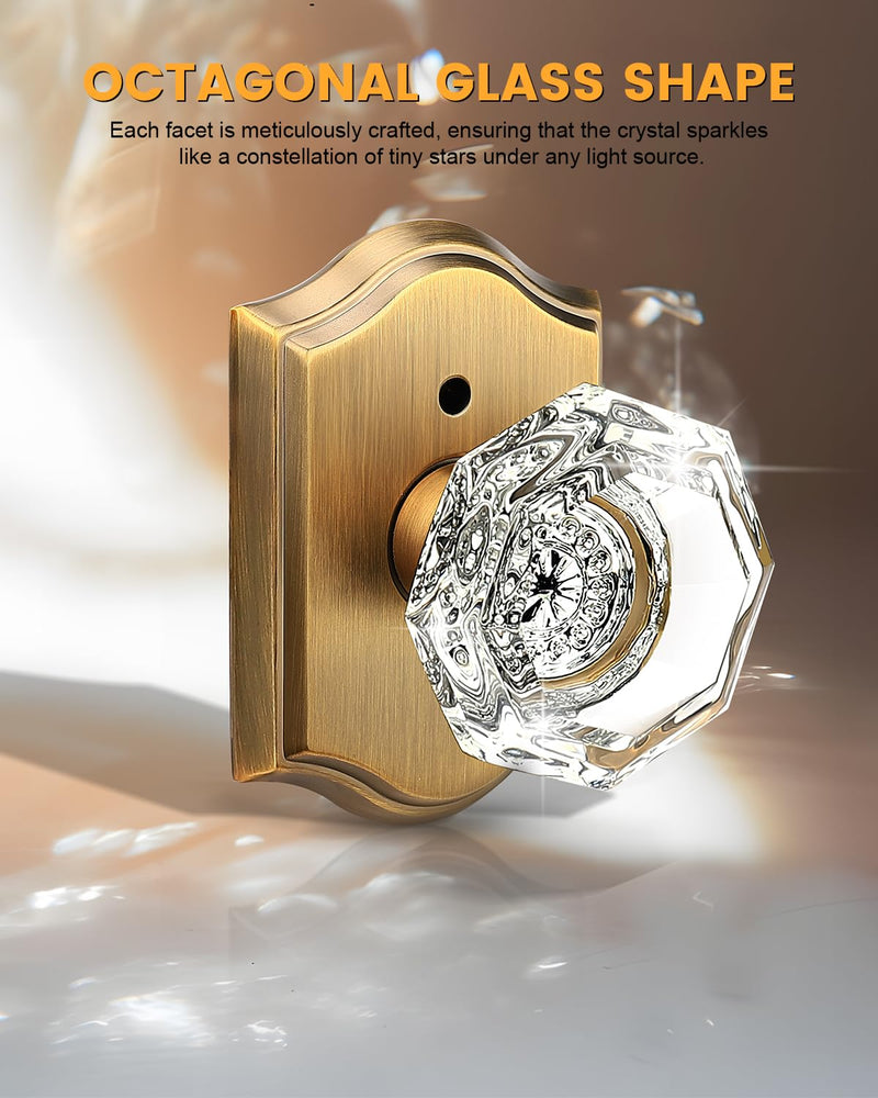 Gobrico Transparent Glass Door Knobset Interior,Privacy Diamond Crystal Door Lockset in Antique Brass,Keyless for Interior Bath/Bed,Push Pin Button Inside Lock?1 Pack 1