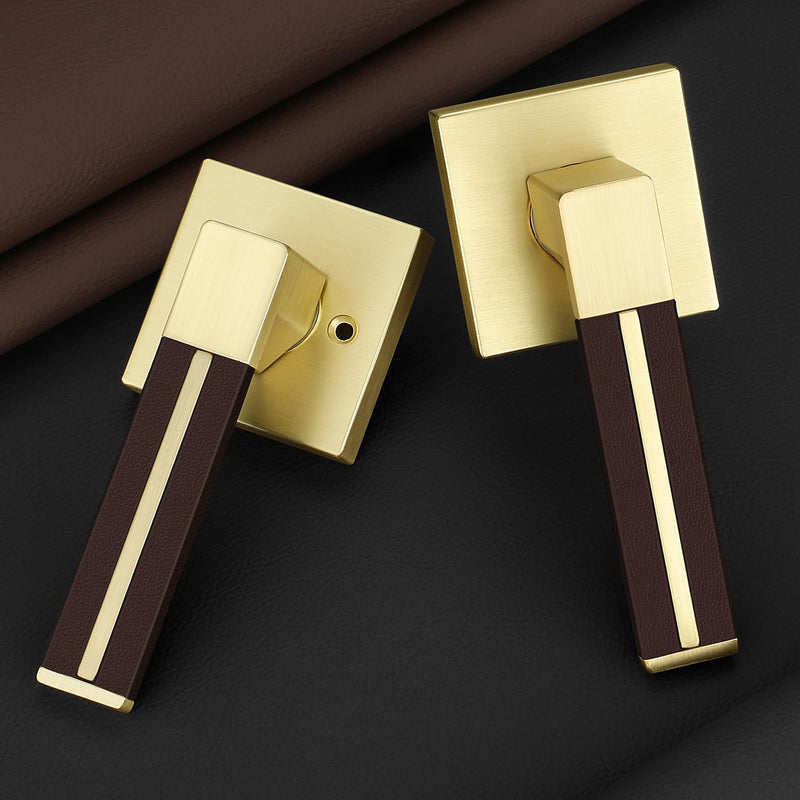 EHOMEWARE 1 Pack Gold Door Lever with Bronze Leather Handle, Brass Interior Door Handle Passage Door Lever for Hallway Closet, Heavy Duty Door Knob with Universal Handling Passage Door Handle - No Key