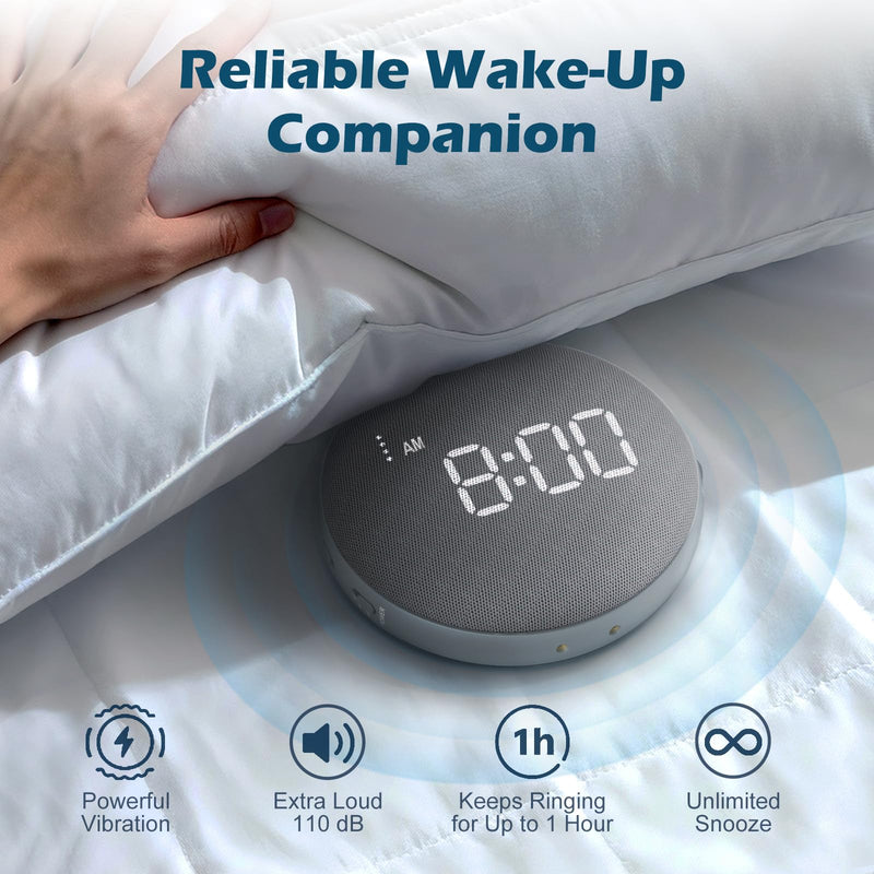 REACHER Super Loud Alarm Clock for Heavy Sleepers Adults Teens, Vibrating Alarm Clock Bed Shaker Under Pillow, Rechargeable Battery Powered for Travel, Auto-Dim, Portable