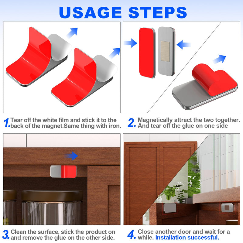 10 Pack Magnetic Cabinet Door Catch, Ultra Thin Cabinet Door Magnets, Adhesive Drawer Magnets to Stay Closed, Stainless Steel Cabinet Latch Easy to Install with Double Sided Tape, Thickness 0.08in Silver