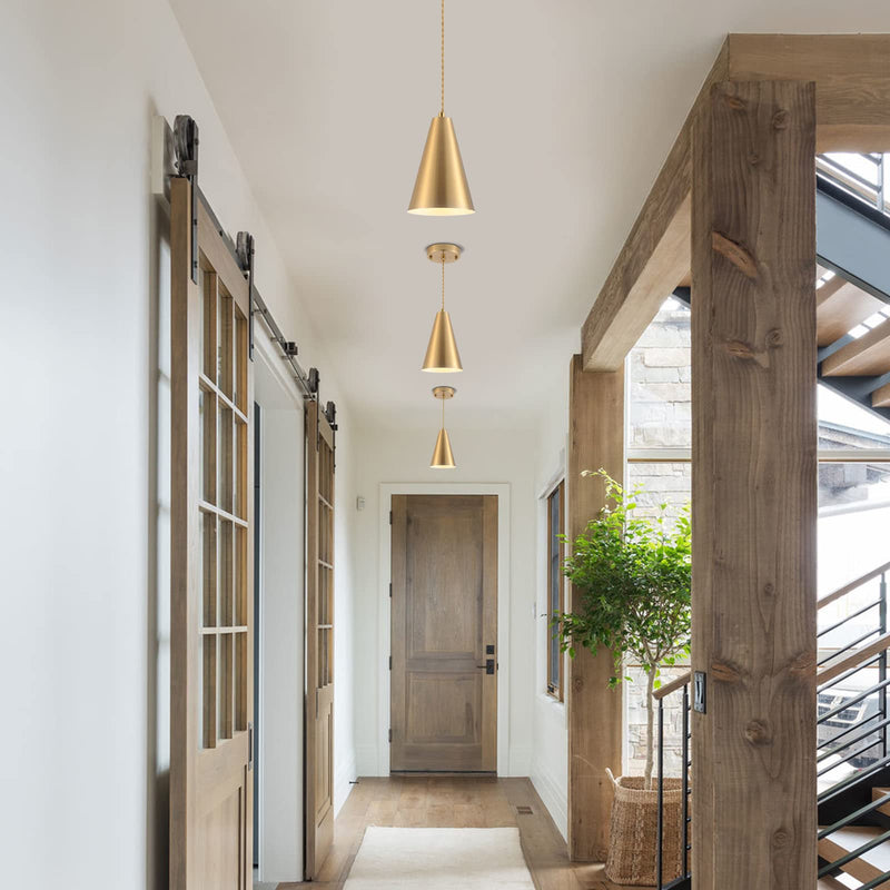 Gold Pendant Lights Kitchen Island,Dining Room Light Fixtures Over Table 3 Pack with Brushed Brass Cone Metal Shade, Modern Farmhouse Mini Chandeliers,Adjustable Cord Hanging Lighting for Bar,Sink 3Pack Gold