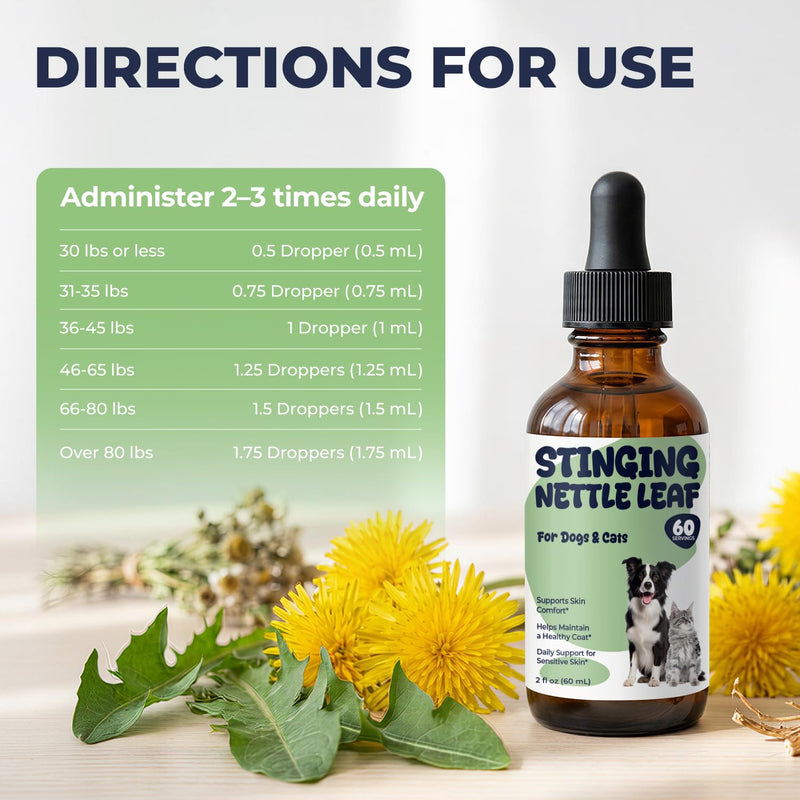 Stinging Nettle Leaf Drops for Dogs & Cats, Liquid Pet Supplement for Skin Comfort & Coat Health, Sensitive Skin Support During Seasonal Changes, Sugar & Alcohol Free Formula, 2 fl oz