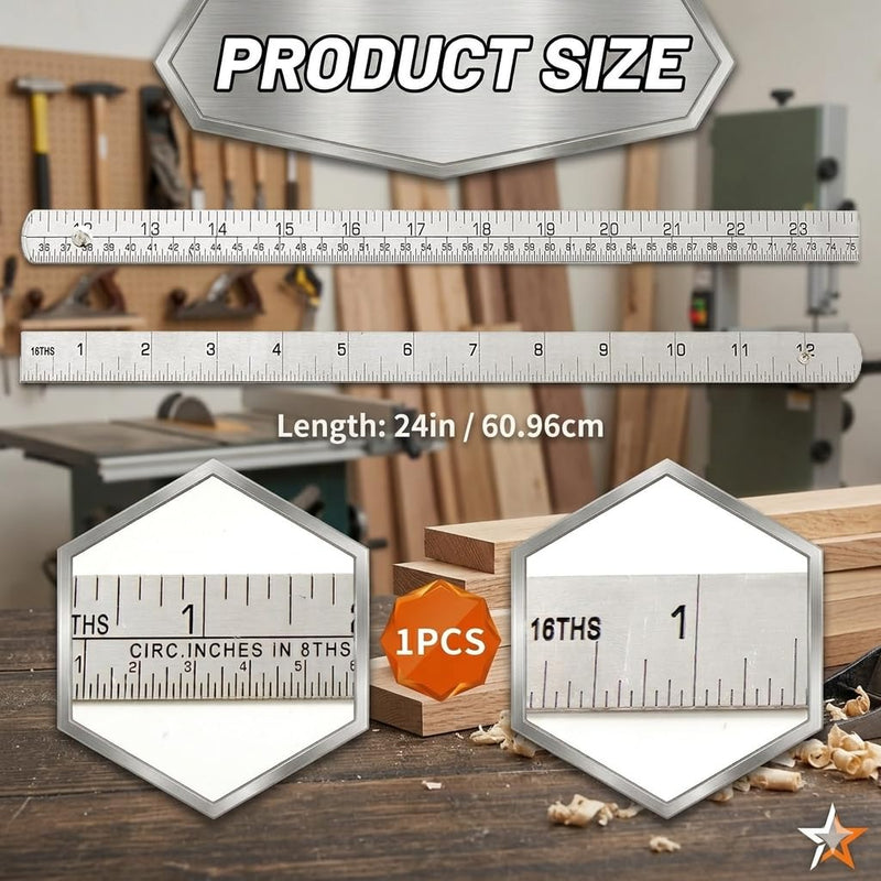 Zyadex 24-Inch Industrial-Grade Stainless Steel Folding Ruler - Professional Two-Section Rigid Precision Design, Tinner's Circumference Scale & 1/16th Markings for Metalworking & Engineering